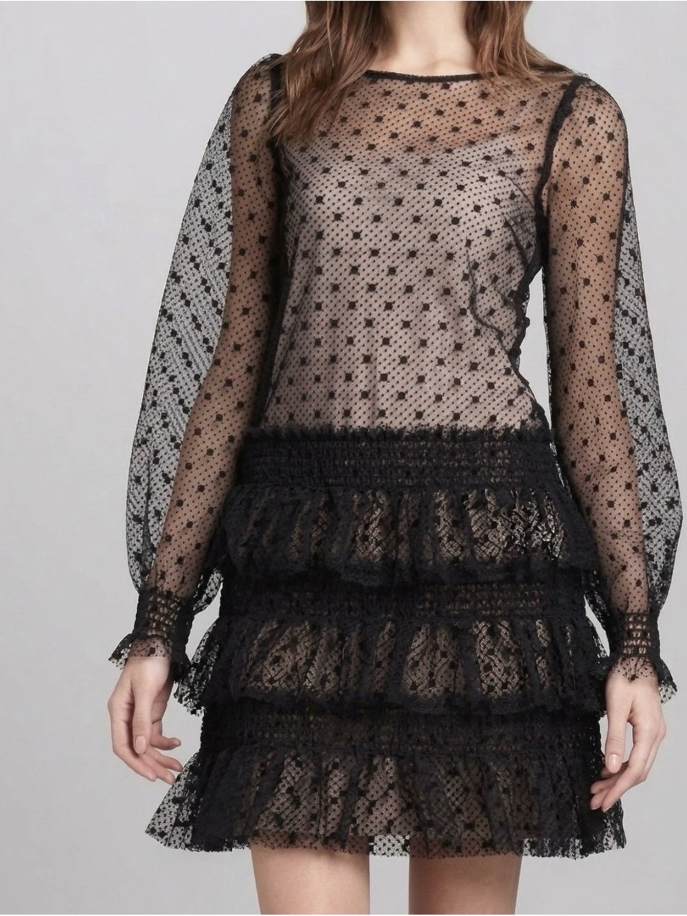 Red Valentino by Valentino Dress Womens US 6* Black Tulle Tiered Dot Mini Chic